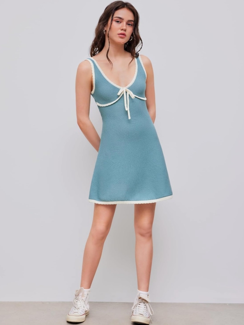 Cider Light Blue Knit Mini Dress with Cream Trim